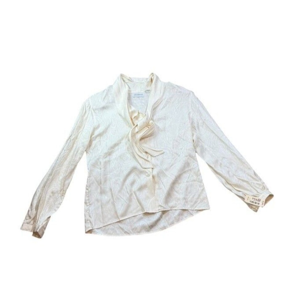Vintage Liz Claiborne 100% Silk Blouse Womens Size 12 Ivory Tie Button Up 80's
